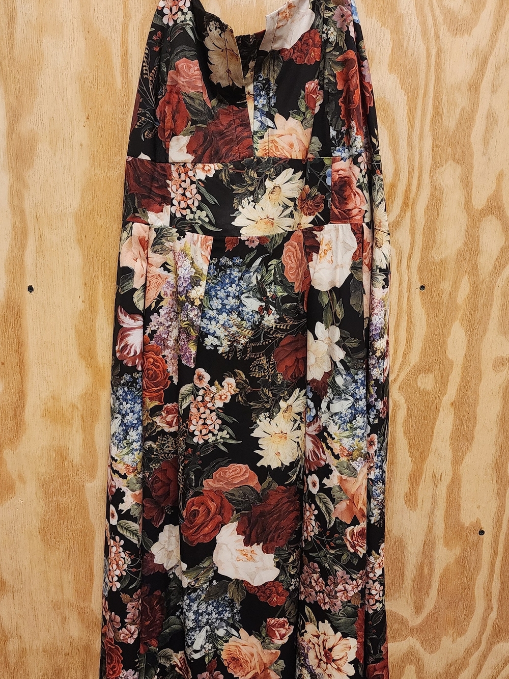 SHEIN Black Floral Patchwork Maxi Skirt with Red, Pink, Cream and Blue Blooms